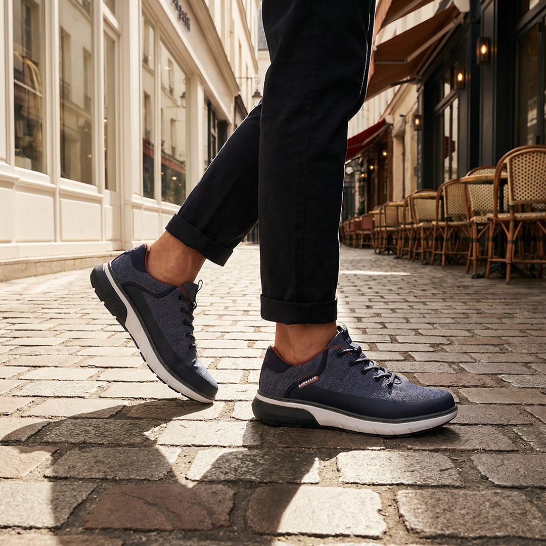 Lifestyle shot of bugatti Sampa dark blue sneakers on a cobblestone street with rolled black pants.