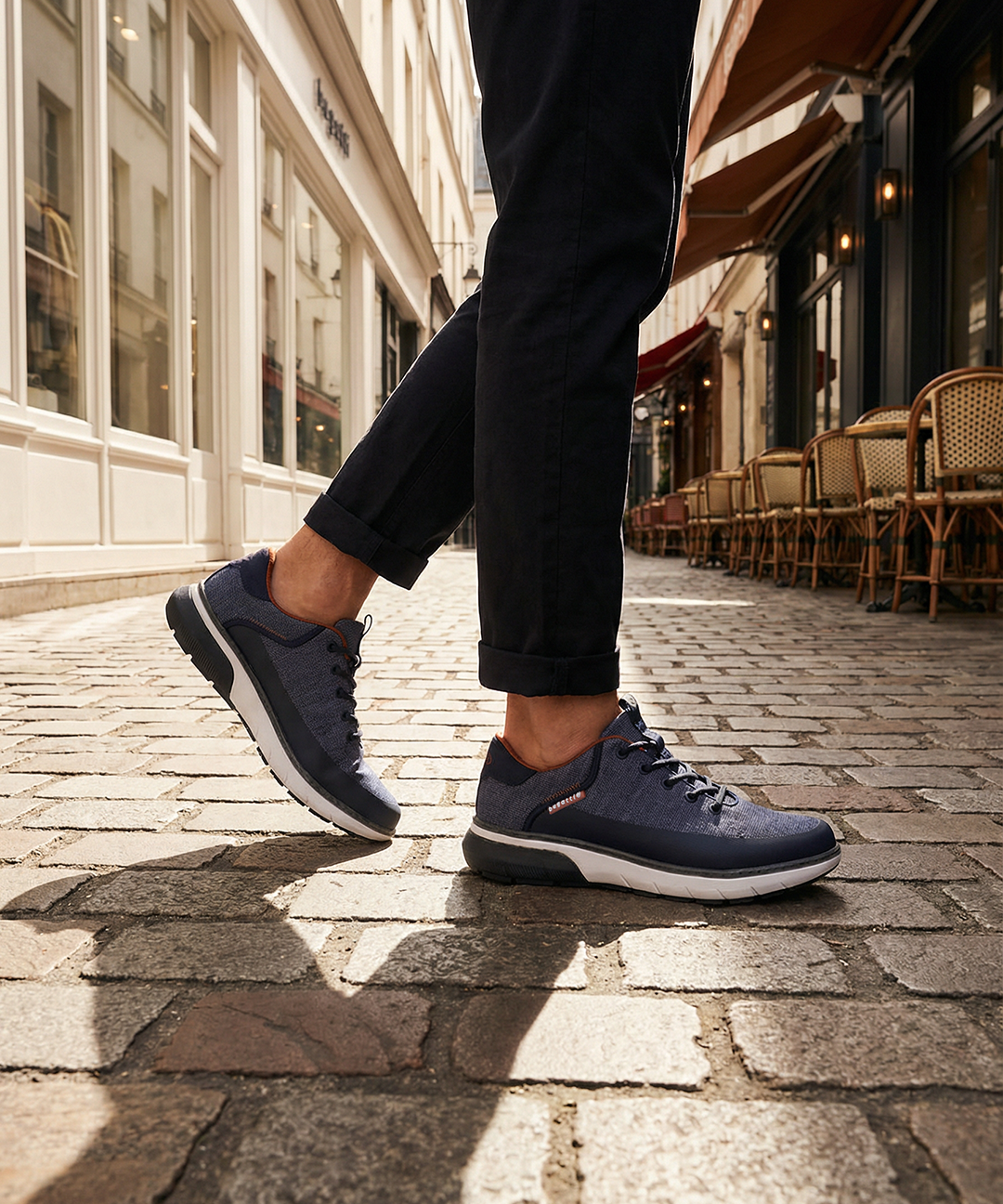 Lifestyle shot of bugatti Sampa dark blue sneakers on a cobblestone street with rolled black pants.
