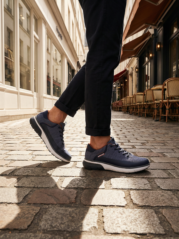 Dark blue sneakers by bugatti with gray accents and white soles, worn with black trousers on a cobblestone street.
