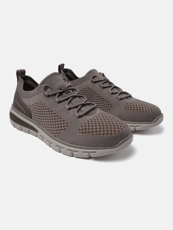 Taupe comfort sneakers by Bugatti, featuring a breathable knit upper and tonal laces.
