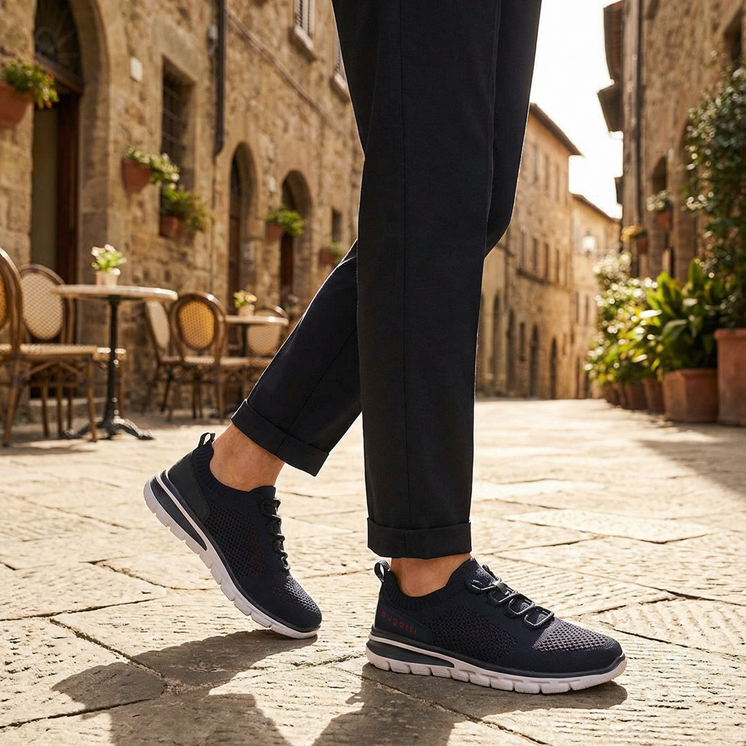 Lifestyle image of bugatti Yucatan dark blue comfort sneakers with a white sole and knitted texture, paired with dark pants.