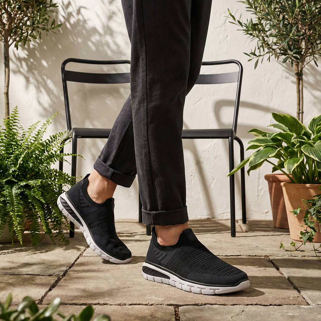 Lifestyle image of bugatti Yucatan black comfort sneakers, with white soles, worn with cuffed black pants.
