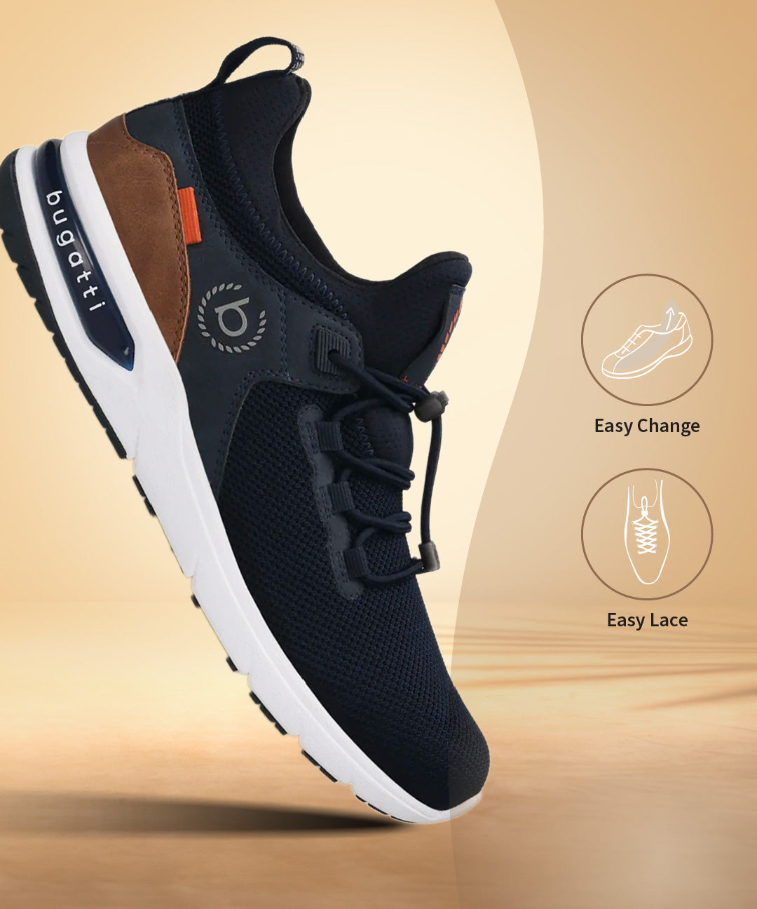 Dark blue comfort athleisure sneakers by Bugatti, featuring a white sole, easy lace, and brown accent heel.