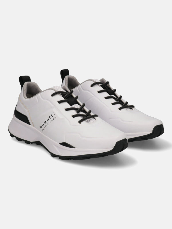 A white Men's bugatti Sneakers featuring a round plain toe, zero heels heel. Made from synthetic with a durable eva outsole, this laces design offers both style and comfort.