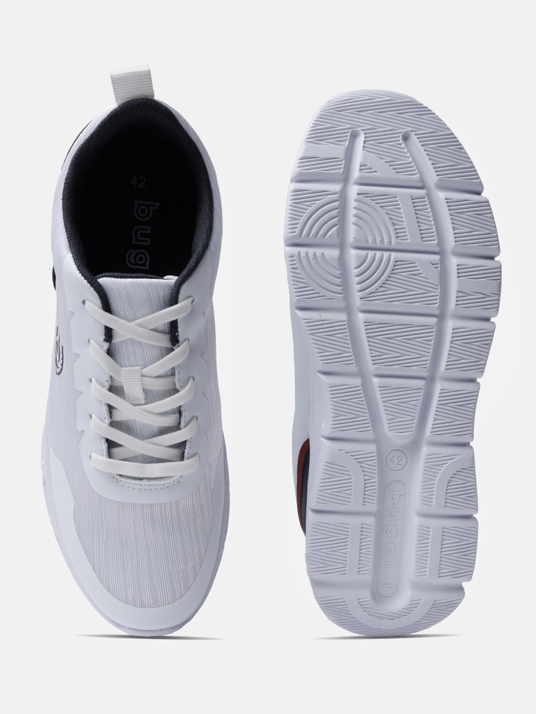 A white Men's bugatti Sneakers featuring a round plain toe, zero heels heel. Made from textile with a durable eva outsole, this laces design offers both style and comfort.