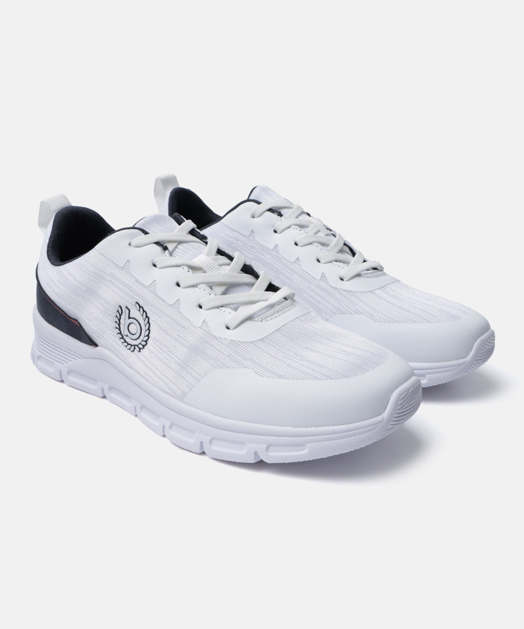 White comfort sneakers by bugatti with a logo and dark blue heel accent.