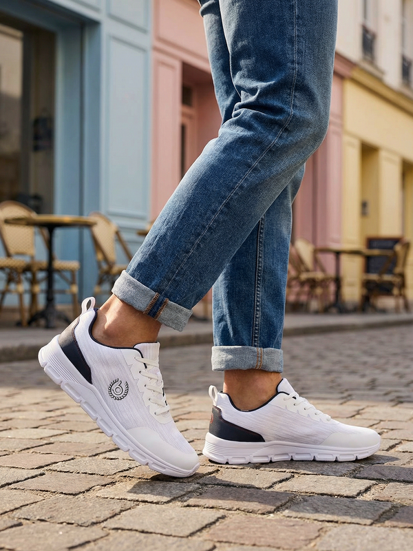 White comfort sneakers by bugatti with navy accents, shown with cuffed blue jeans on a cobblestone street.