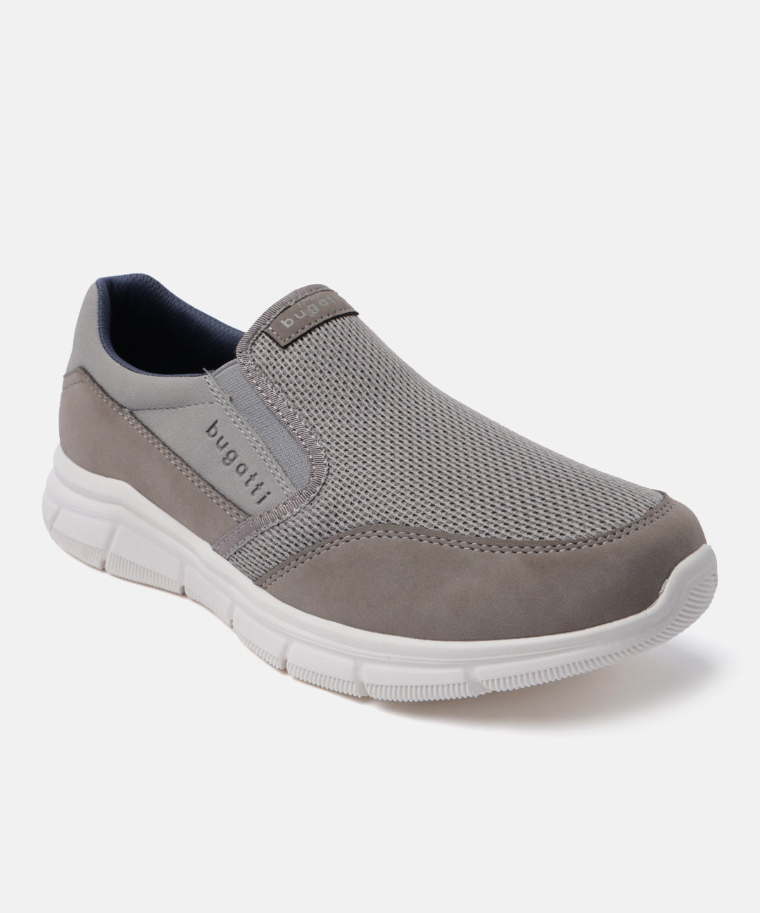 A grey Men's bugatti Slip-On Sneakers featuring a round plain toe, zero heels heel. Made from textile with a durable eva outsole, this slip-on design offers both style and comfort.