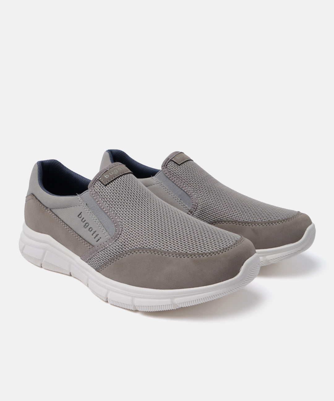 A grey Men's bugatti Slip-On Sneakers featuring a round plain toe, zero heels heel. Made from textile with a durable eva outsole, this slip-on design offers both style and comfort.