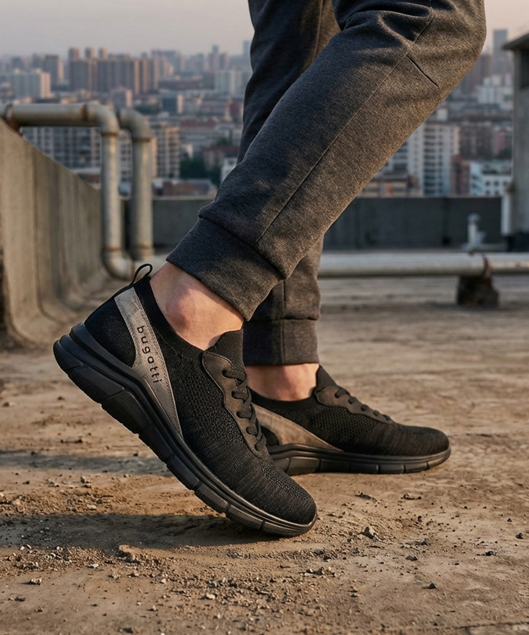 Lifestyle image of bugatti Soa black mid-top sneakers with a grey accent, paired with grey joggers.