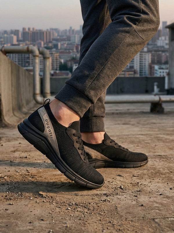 Lifestyle image of bugatti Soa black mid-top sneakers with a grey accent, paired with grey joggers.