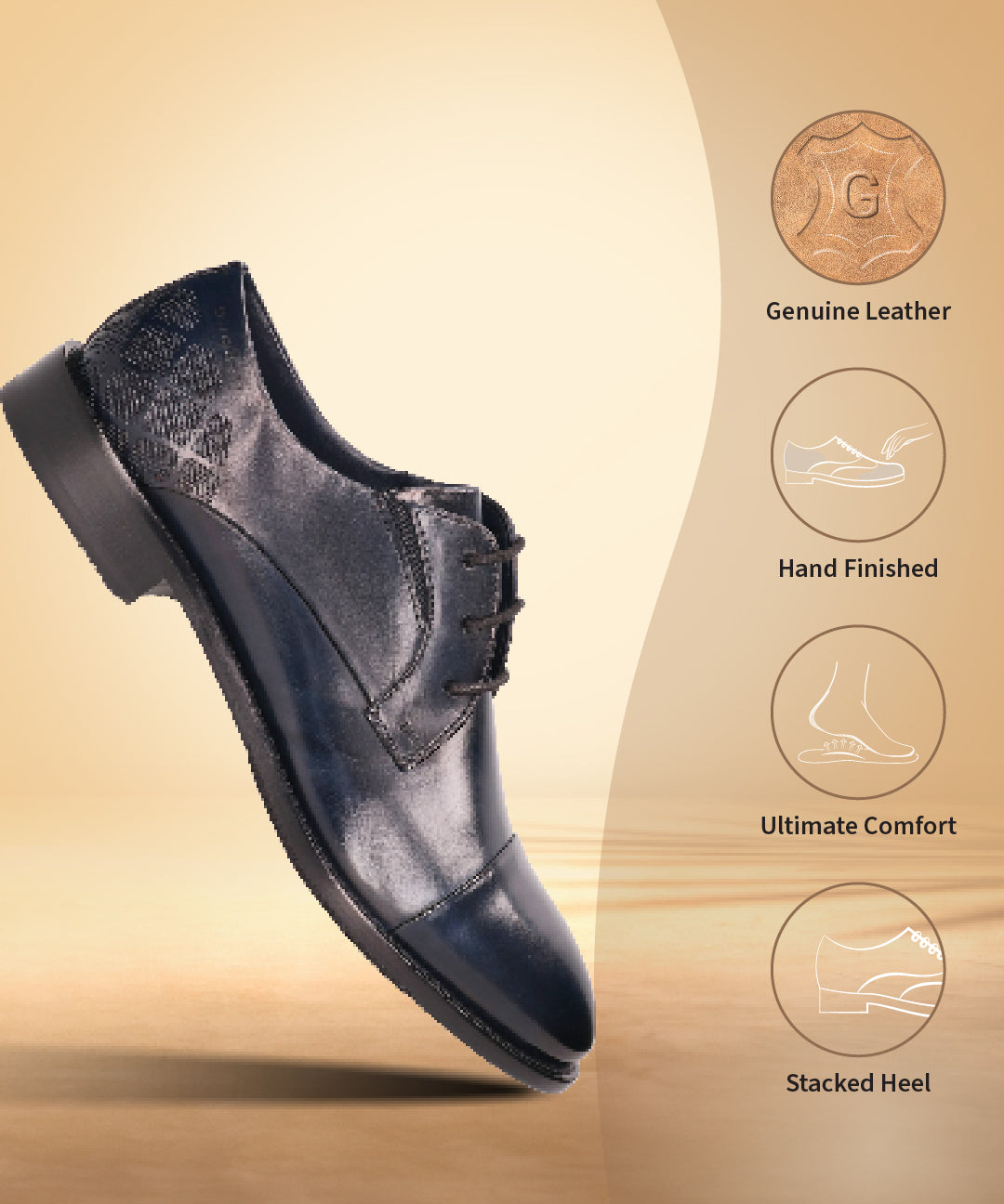 Dark blue premium leather derby shoes by bugatti with decorative patterned texture on the heel.