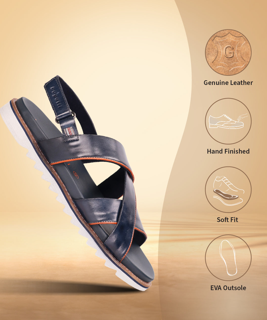 A blue Men's bugatti Back Strap Sandals featuring a round open toe, zero heels heel, and a wide fit. Made from premium genuine leather with a durable eva outsole, this slip-on design offers both style and comfort.