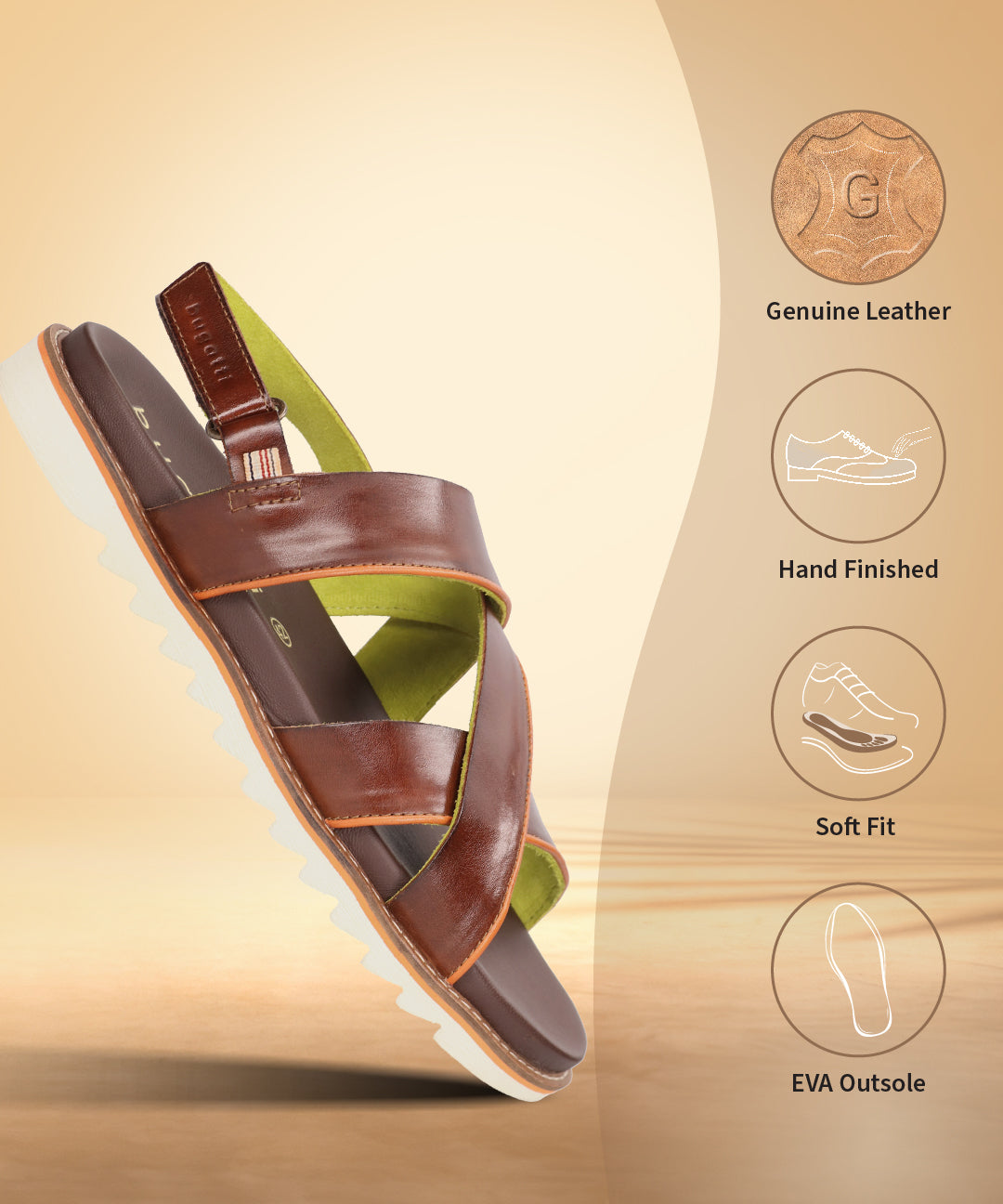 A brown Men's bugatti Back Strap Sandals featuring a round open toe, zero heels heel, and a wide fit. Made from premium genuine leather with a durable eva outsole, this slip-on design offers both style and comfort.