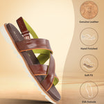 A brown Men's bugatti Back Strap Sandals featuring a round open toe, zero heels heel, and a wide fit. Made from premium genuine leather with a durable eva outsole, this slip-on design offers both style and comfort.