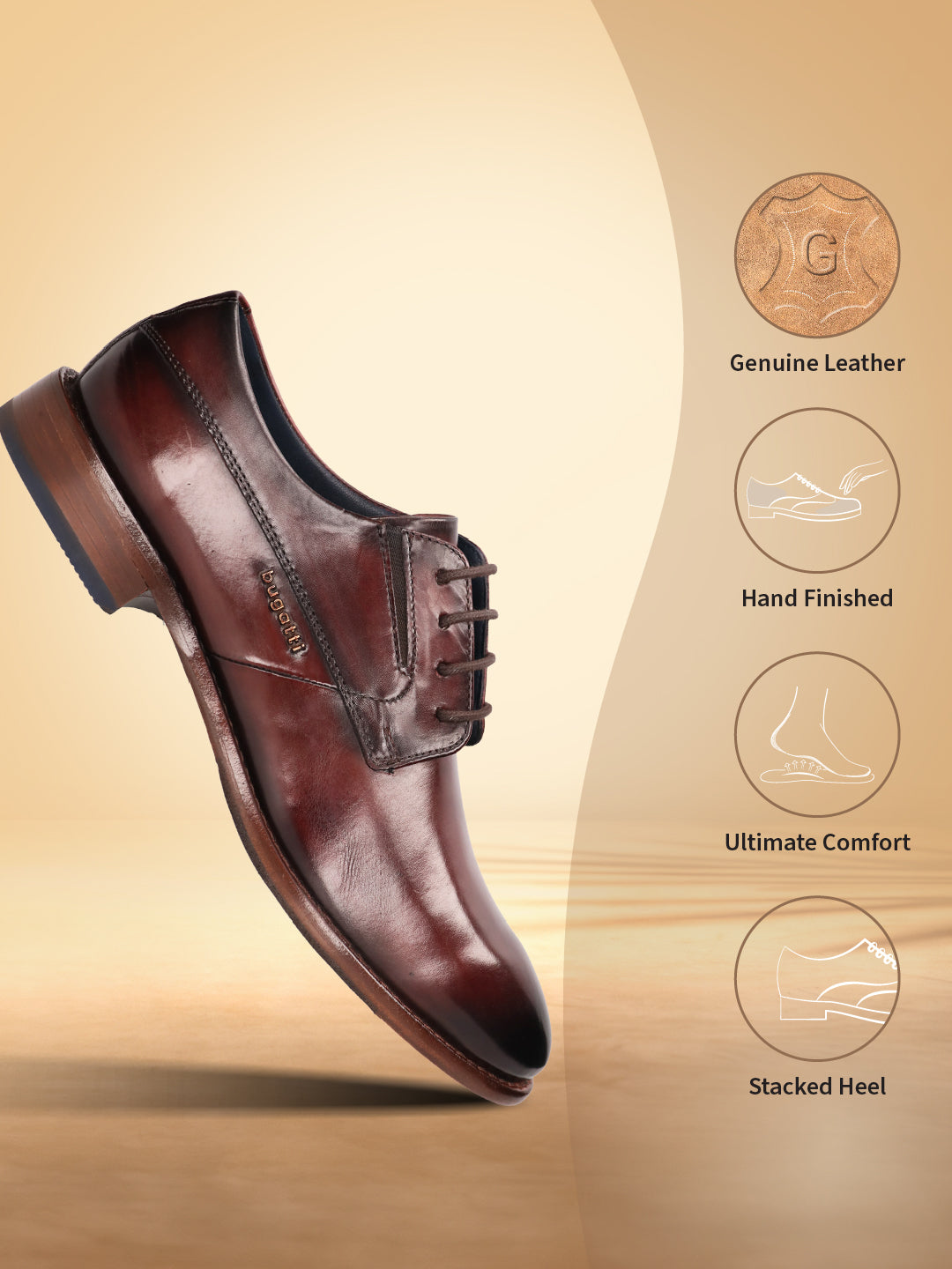 A grey Men's bugatti Derby featuring a round plain toe, stacked heel. Made from premium genuine leather with a durable leather outsole, this laces design offers both style and comfort.
