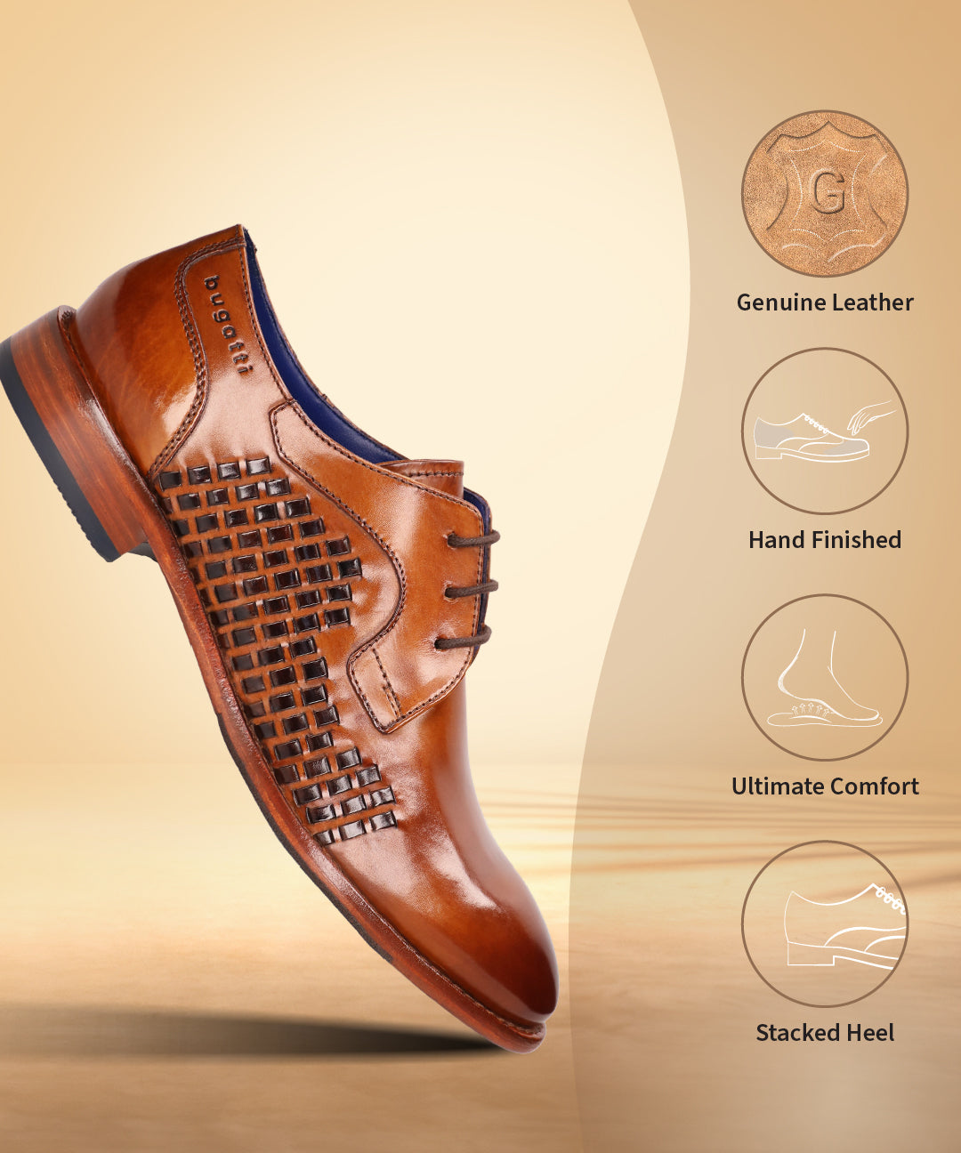 Cognac leather derby shoe by bugatti, with woven design and stacked heel.