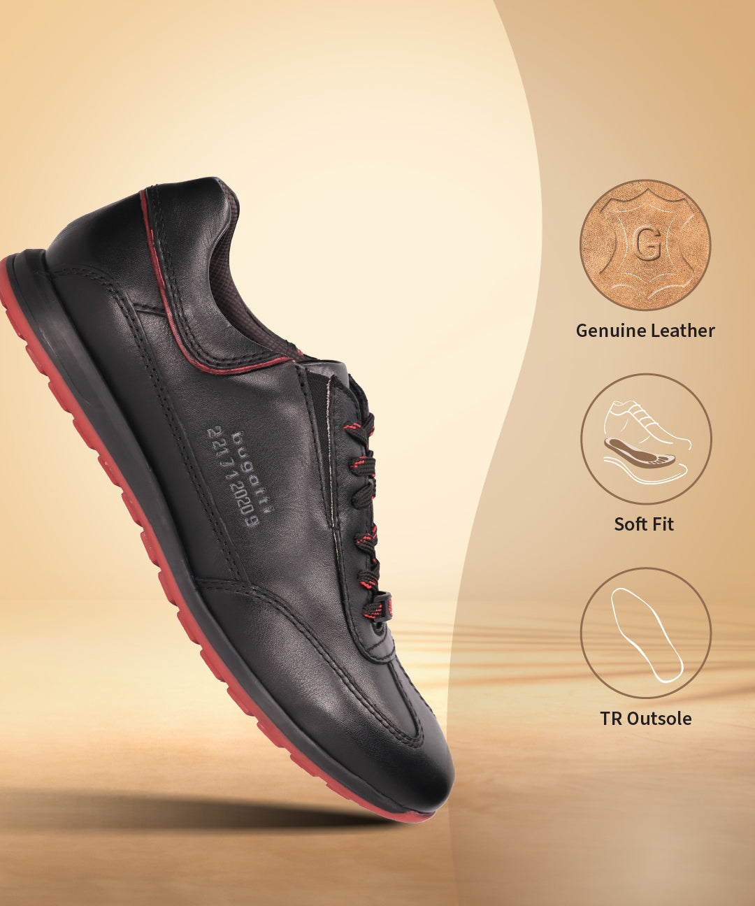 A black Men's bugatti Sneakers featuring a round plain toe, zero heels heel. Made from premium genuine leather with a durable tr outsole, this laces design offers both style and comfort.