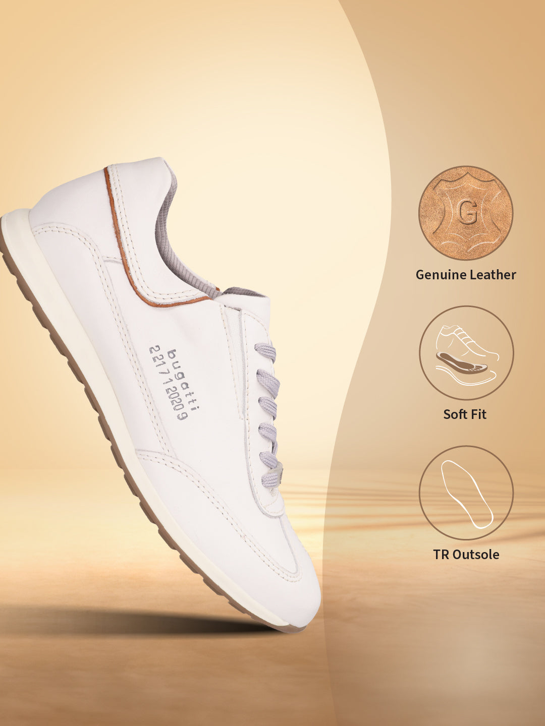 A white Men's bugatti Sneakers featuring a round plain toe, zero heels heel. Made from premium genuine leather with a durable tr outsole, this laces design offers both style and comfort.