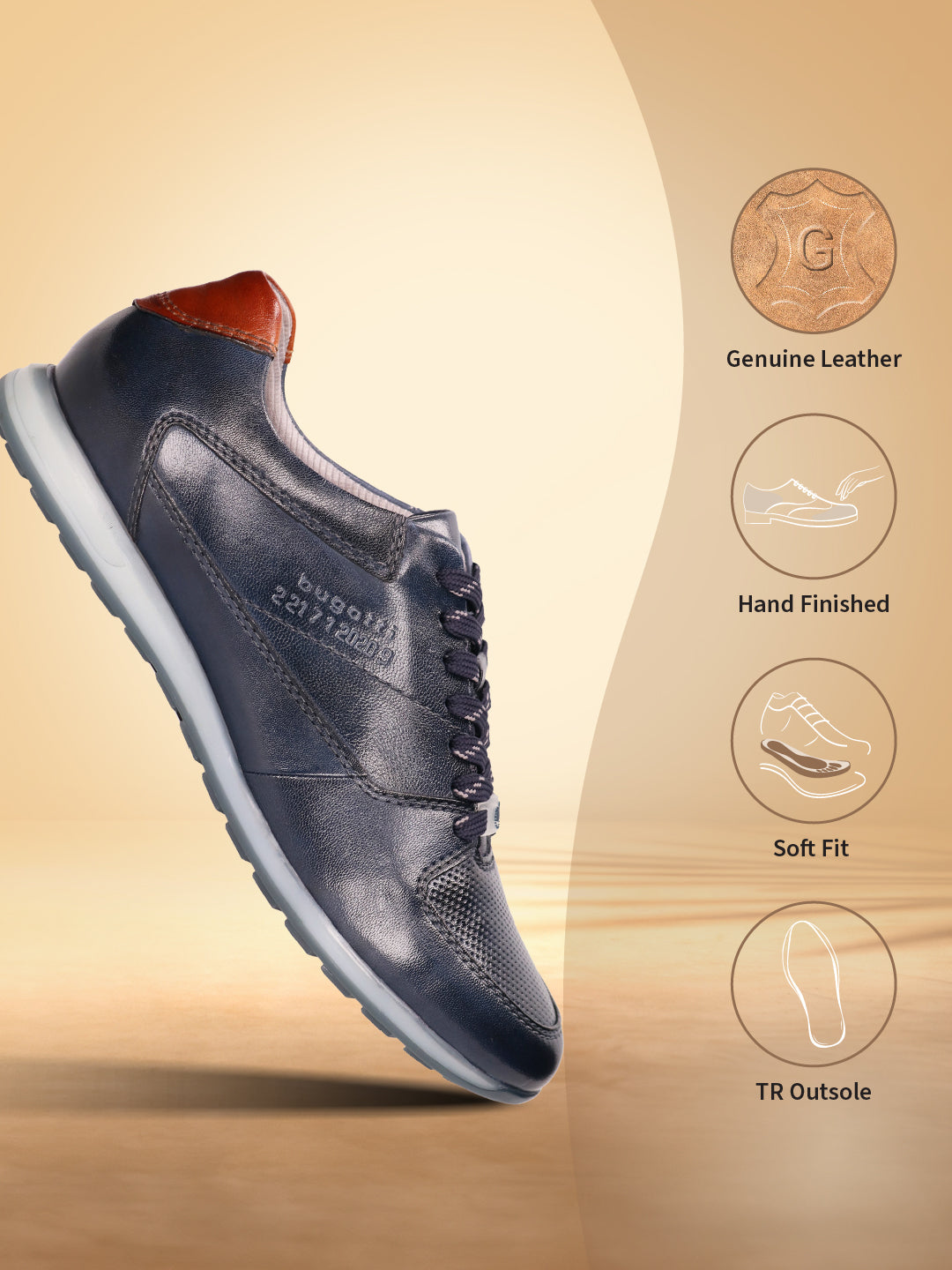A blue Men's bugatti Sneakers featuring a round plain toe, zero heels heel. Made from premium genuine leather with a durable tr outsole, this laces design offers both style and comfort.