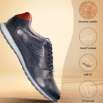 A blue Men's bugatti Sneakers featuring a round plain toe, zero heels heel. Made from premium genuine leather with a durable tr outsole, this laces design offers both style and comfort.