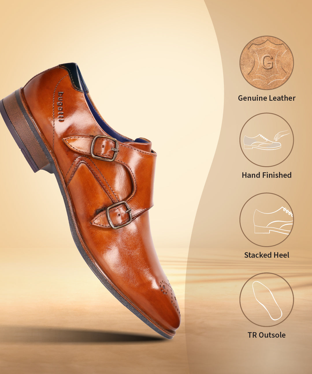 A cognac Men's bugatti Monk Shoe featuring a pointed plain toe, moulded  heel. Made from premium genuine leather with a durable tr outsole, this slip-on design offers both style and comfort.