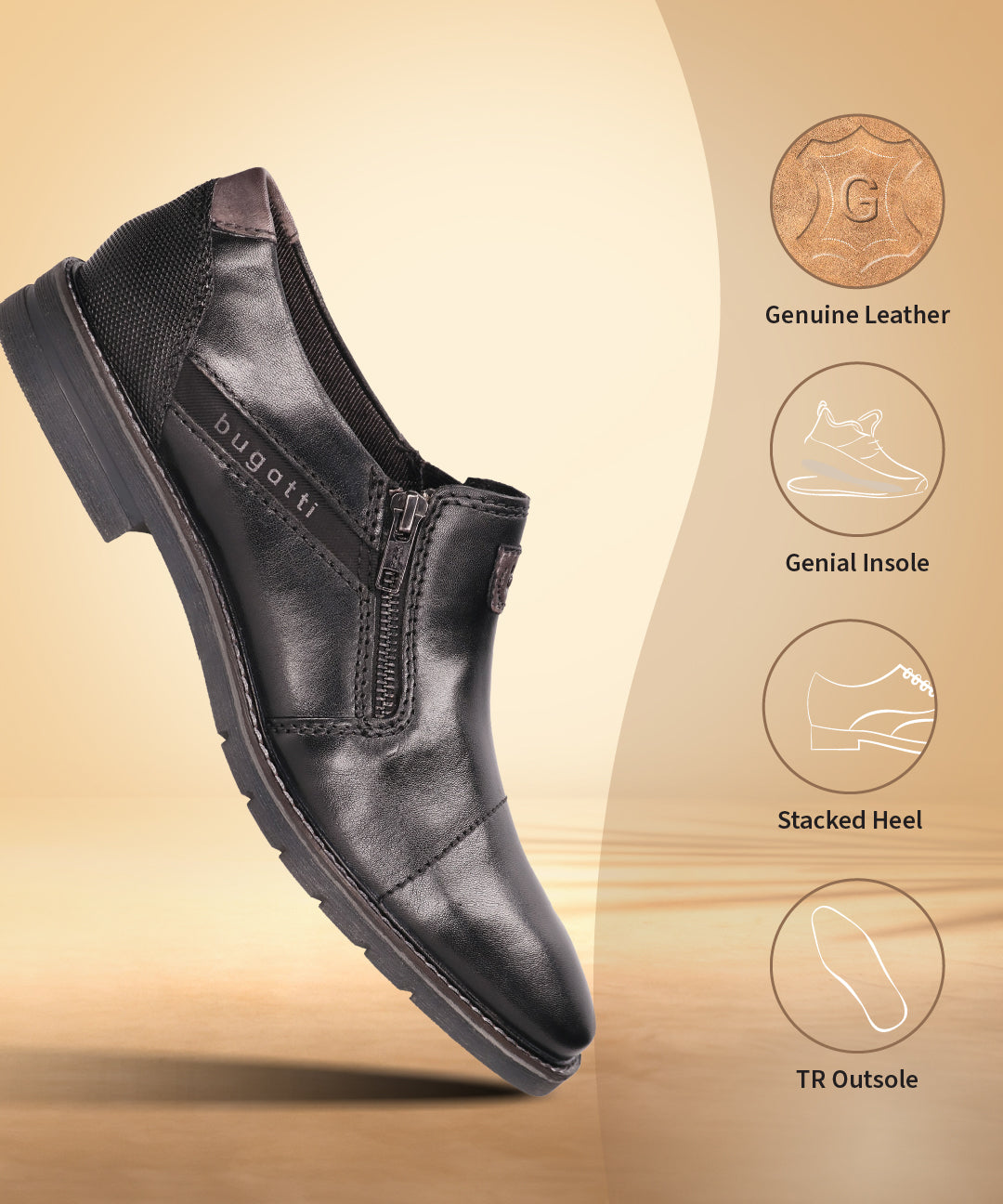 A black Men's bugatti Venetian Loafers featuring a round cap toe, moulded  heel, and a wide fit. Made from premium genuine leather with a durable tr outsole, this zipper design offers both style and comfort.