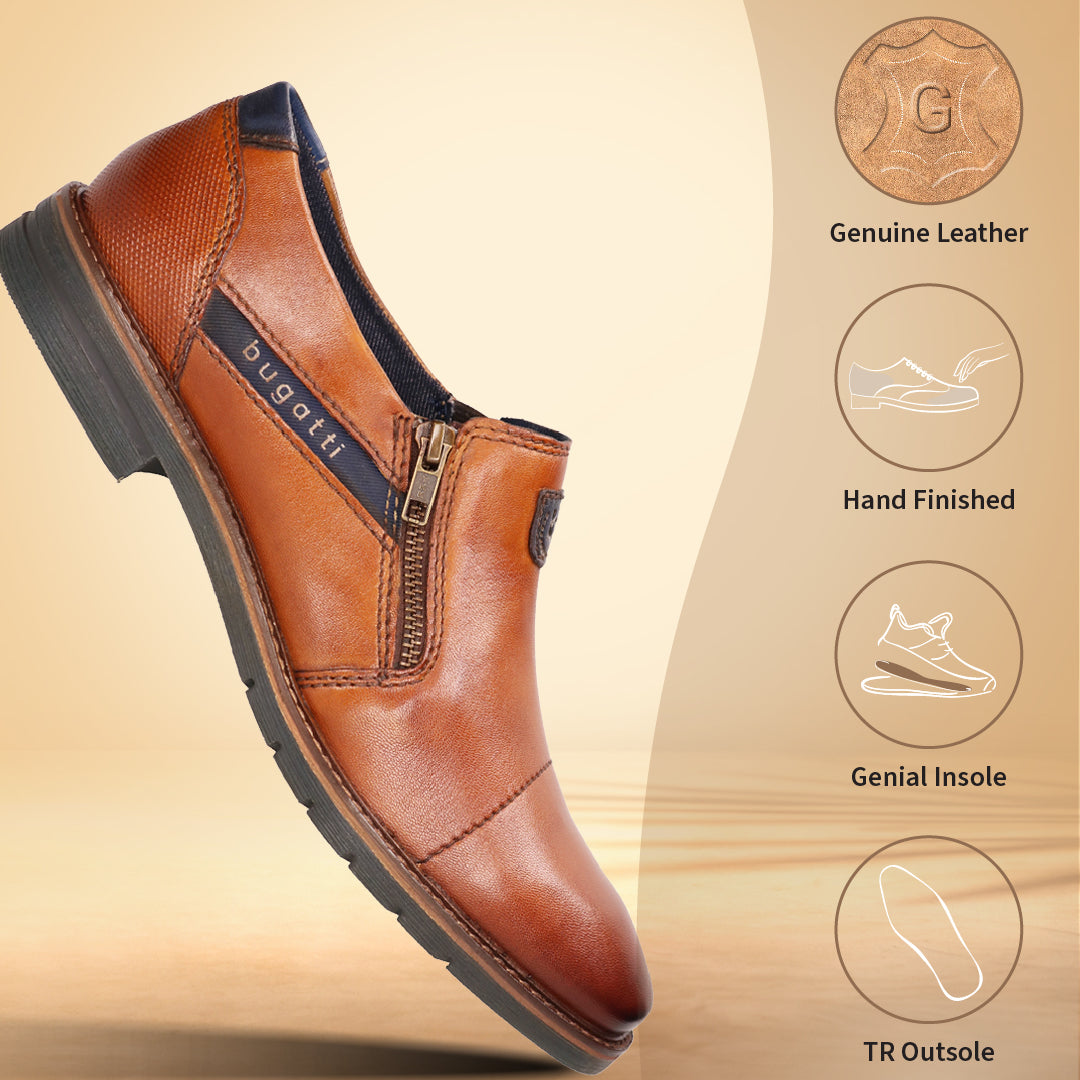 A cognac Men's bugatti Venetian Loafers featuring a round cap toe, moulded  heel, and a wide fit. Made from premium genuine leather with a durable tr outsole, this zipper design offers both style and comfort.