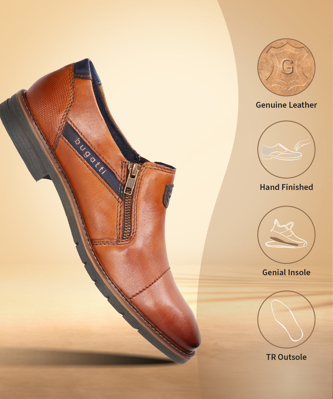 A cognac Men's bugatti Venetian Loafers featuring a round cap toe, moulded  heel, and a wide fit. Made from premium genuine leather with a durable tr outsole, this zipper design offers both style and comfort.