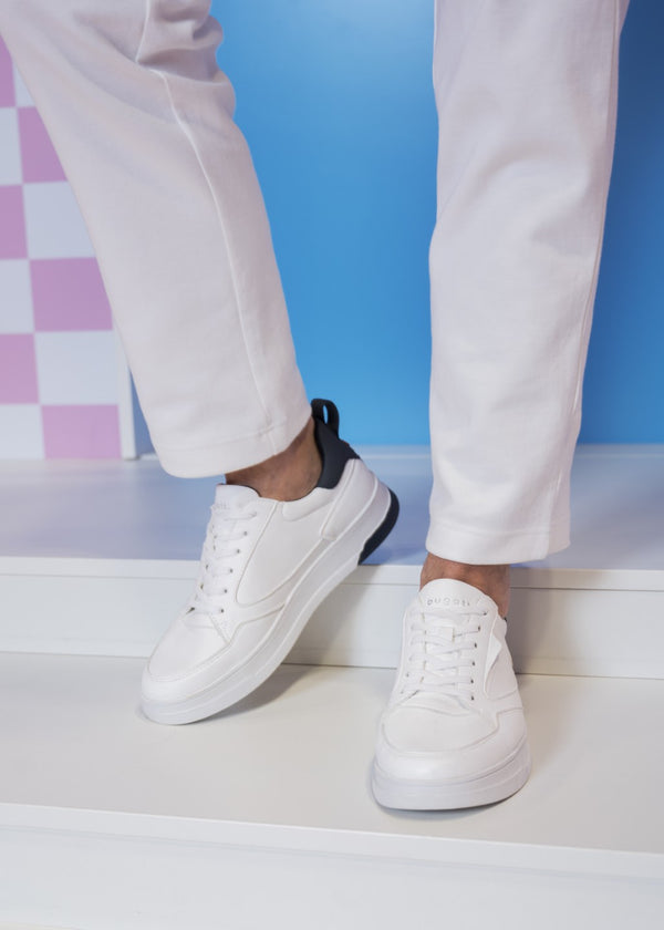 A white Men's bugatti Sneakers featuring a round plain toe, zero heels heel. Made from synthetic with a durable tpr outsole, this laces design offers both style and comfort.