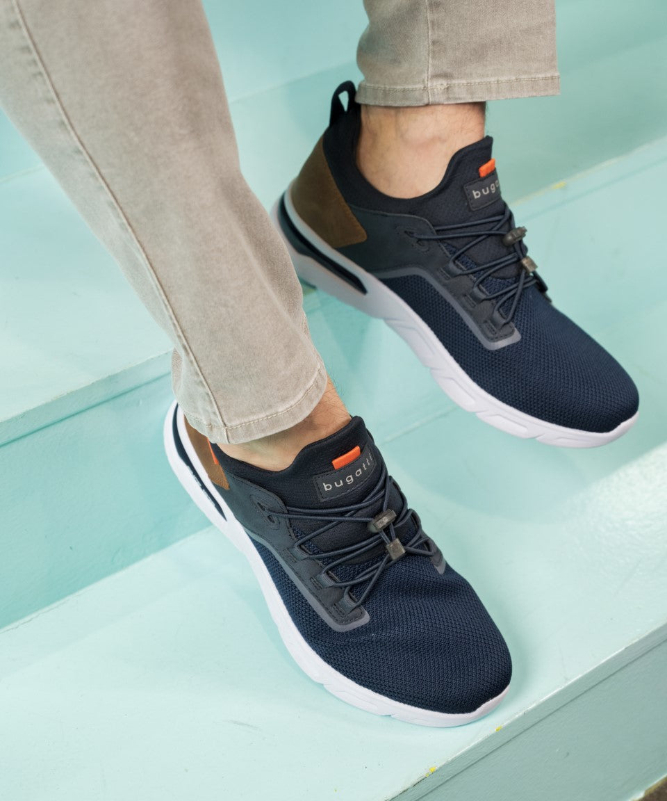 A blue Men's bugatti Athileisure Sneakers featuring a round plain toe, zero heels heel. Made from textile with a durable eva outsole, this laces design offers both style and comfort.