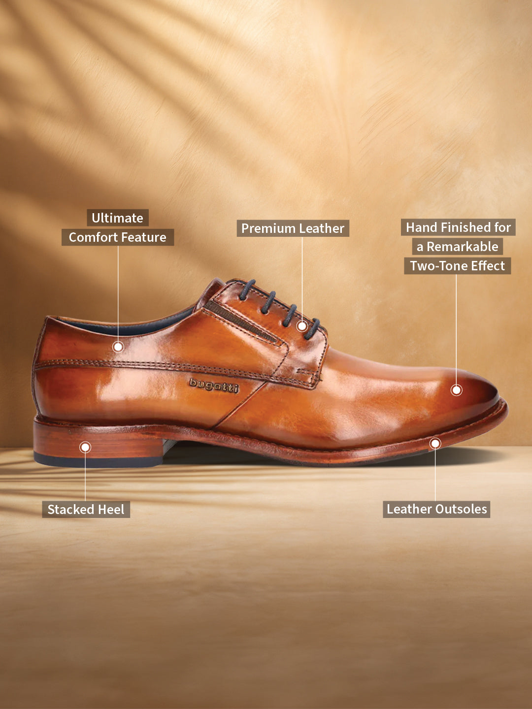 A cognac Men's bugatti Derby featuring a round plain toe, stacked heel. Made from premium genuine leather with a durable leather outsole, this laces design offers both style and comfort.
