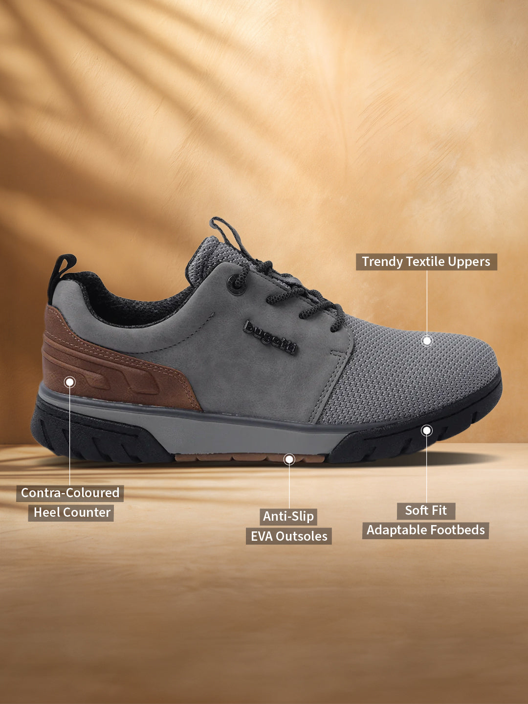 A grey Men's bugatti Sneakers featuring a round plain toe, zero heels heel. Made from textile with a durable eva outsole, this laces design offers both style and comfort.