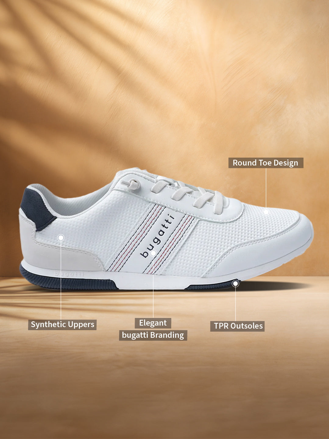 A white Men's bugatti Sneakers featuring a round plain toe, zero heels heel. Made from synthetic with a durable tpr outsole, this laces design offers both style and comfort.