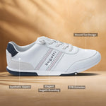 A white Men's bugatti Sneakers featuring a round plain toe, zero heels heel. Made from synthetic with a durable tpr outsole, this laces design offers both style and comfort.