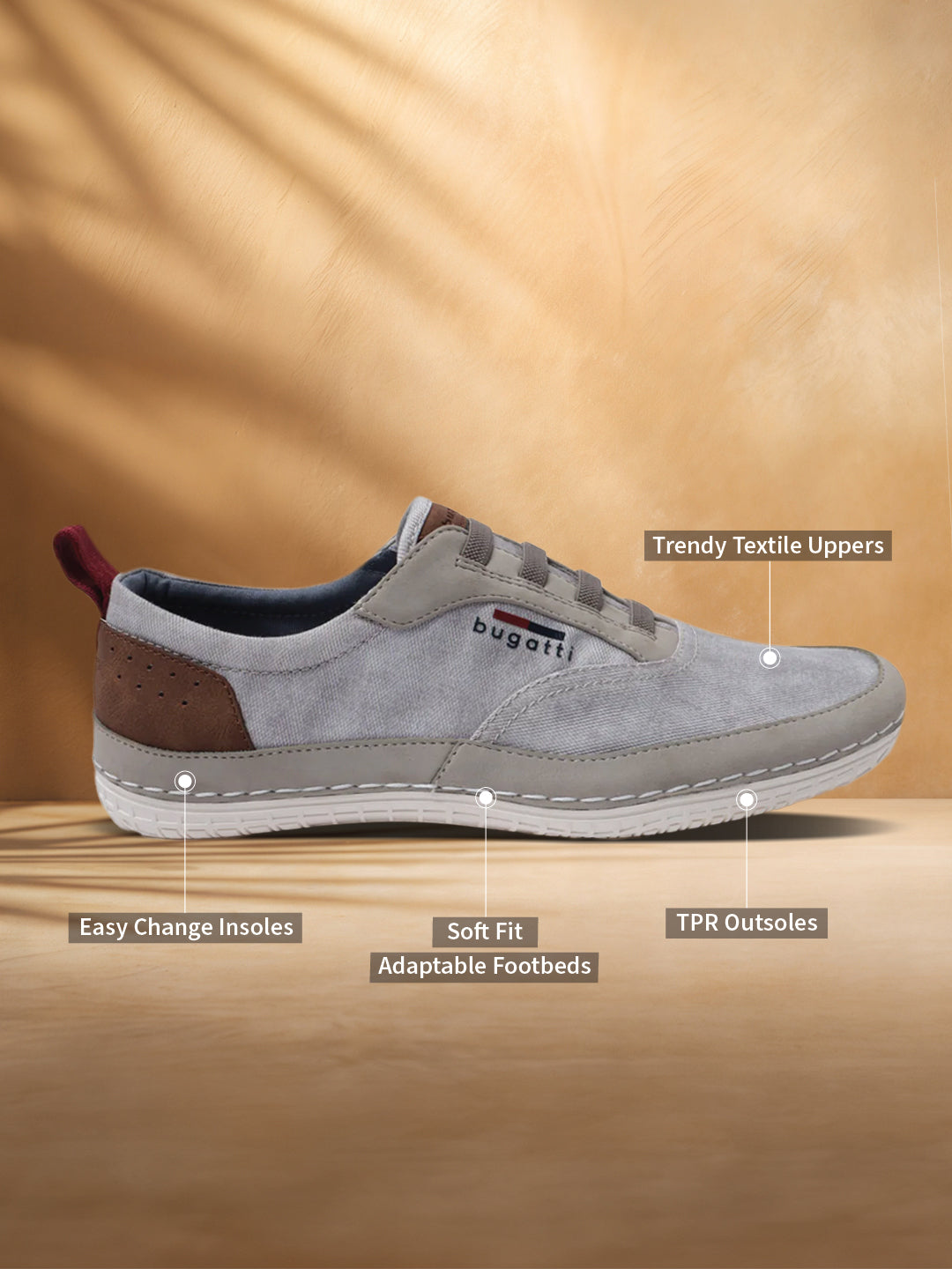 A beige Men's bugatti Sneakers featuring a round plain toe, zero heels heel. Made from textile with a durable tpr outsole, this laces design offers both style and comfort.