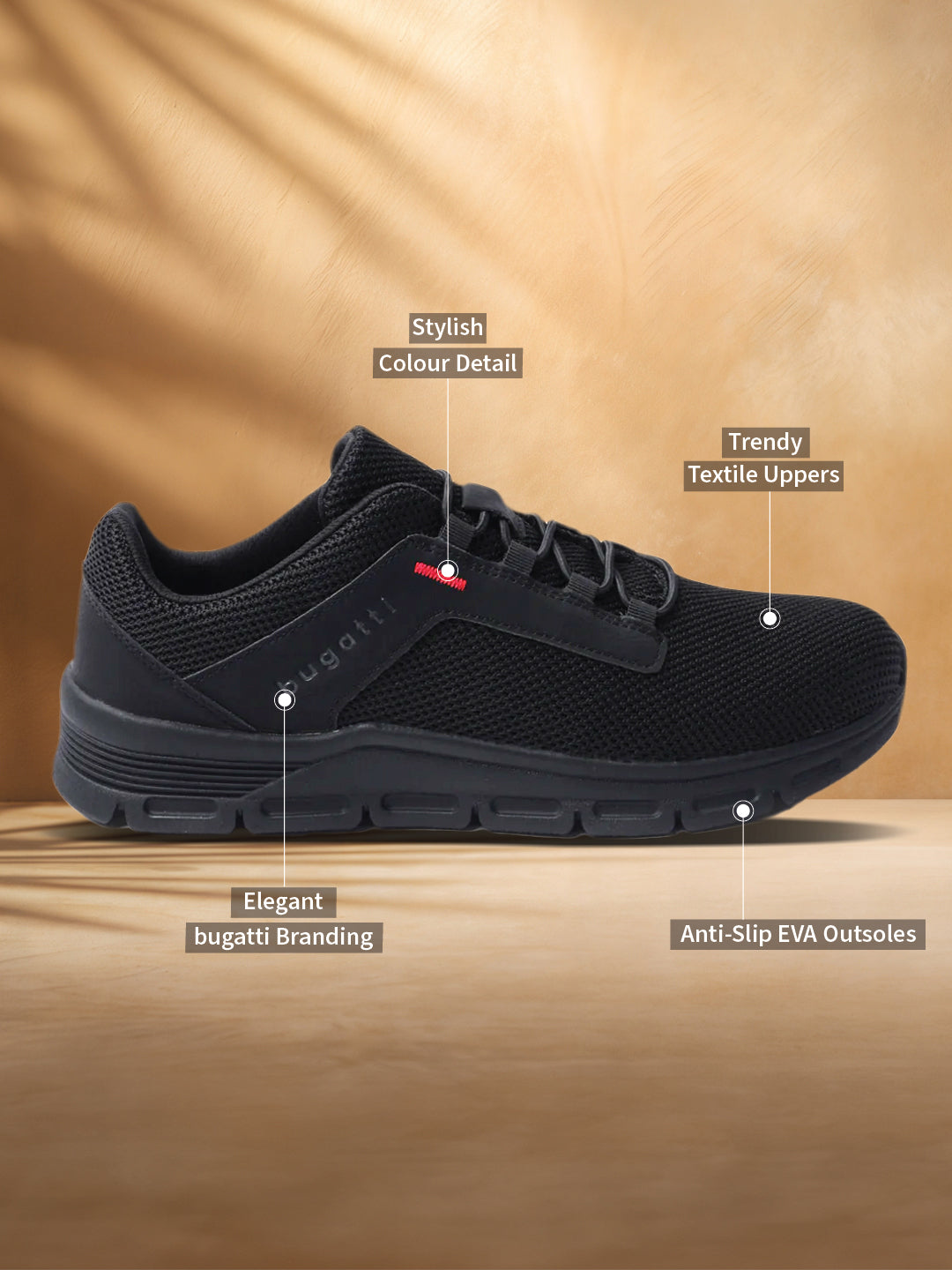 A black Men's bugatti Sneakers featuring a round plain toe, zero heels heel. Made from textile with a durable eva outsole, this laces design offers both style and comfort.