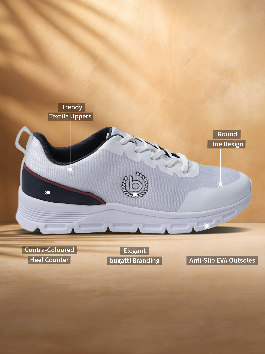 A white Men's bugatti Sneakers featuring a round plain toe, zero heels heel. Made from textile with a durable eva outsole, this laces design offers both style and comfort.