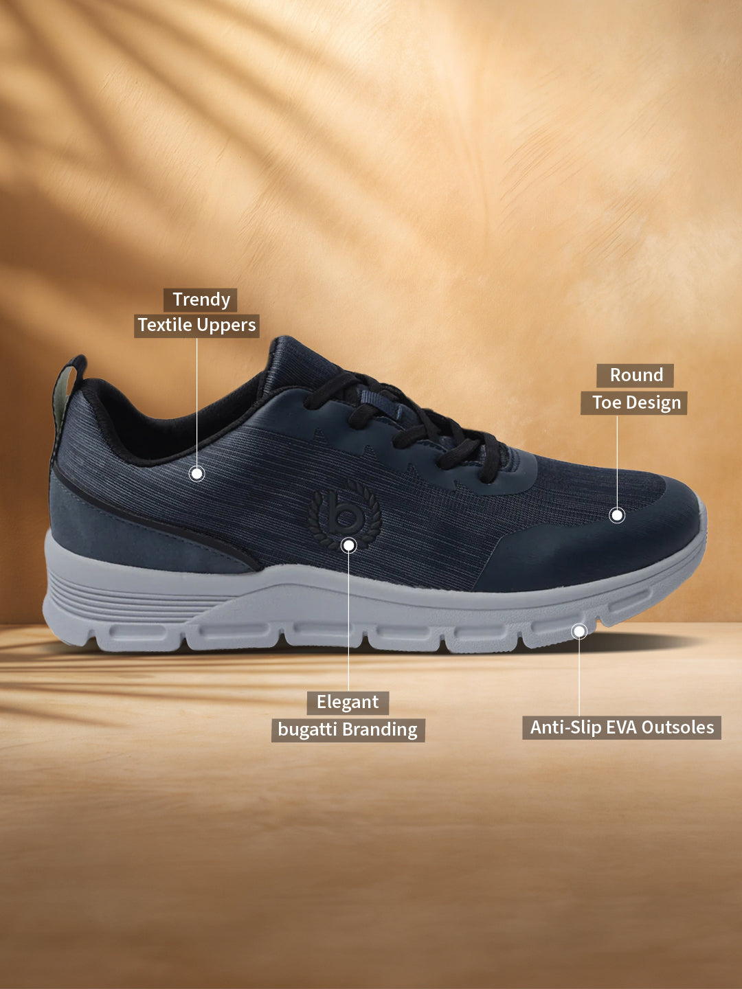 A blue Men's bugatti Sneakers featuring a round plain toe, zero heels heel. Made from textile with a durable eva outsole, this laces design offers both style and comfort.