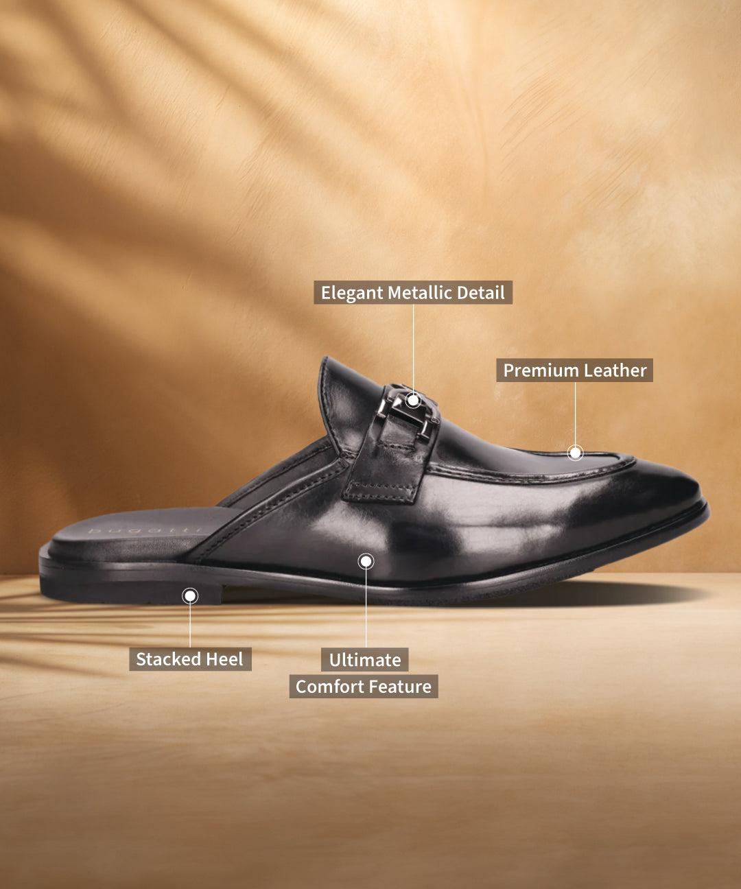 Black premium leather slip-on formal shoe by bugatti with metallic detail and stacked heel, presented in a side view.