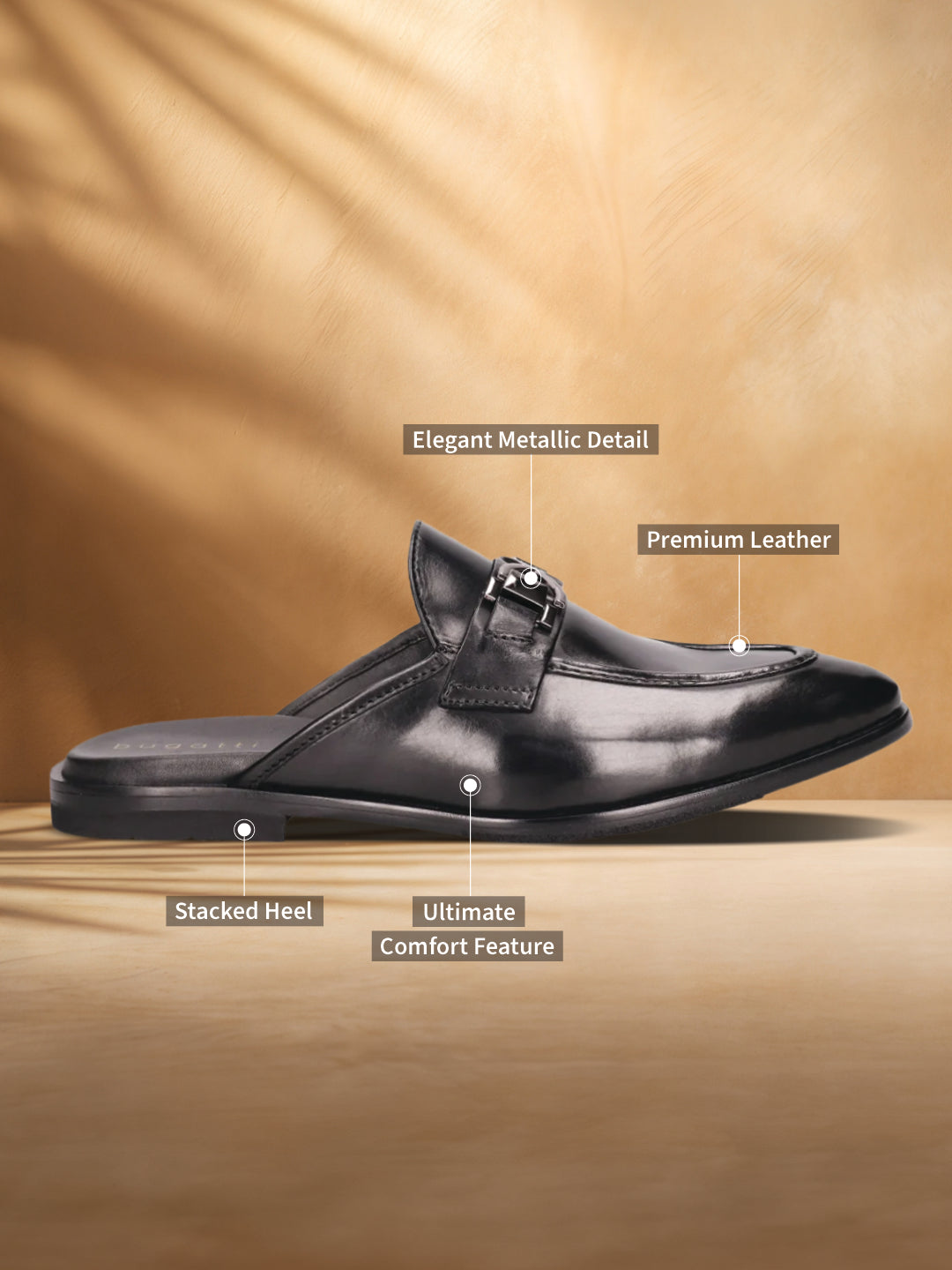 A black Men's bugatti Mules featuring a round apron toe, stacked heel. Made from premium genuine leather with a durable leather outsole, this slip-on design offers both style and comfort.