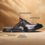 A black Men's bugatti Mules featuring a round apron toe, stacked heel. Made from premium genuine leather with a durable leather outsole, this slip-on design offers both style and comfort.