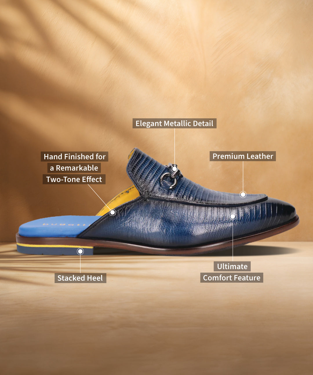 Blue leather slip-on shoe by bugatti, featuring an elegant metallic detail, two-tone effect, and stacked heel.