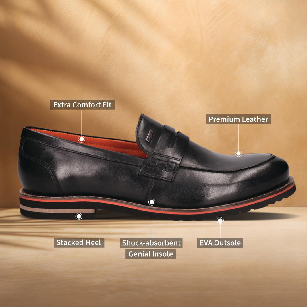 A black Men's bugatti Penny Loafer featuring a round apron toe, stacked heel, and a extra wide fit. Made from premium genuine leather with a durable eva outsole, this slip-on design offers both style and comfort.