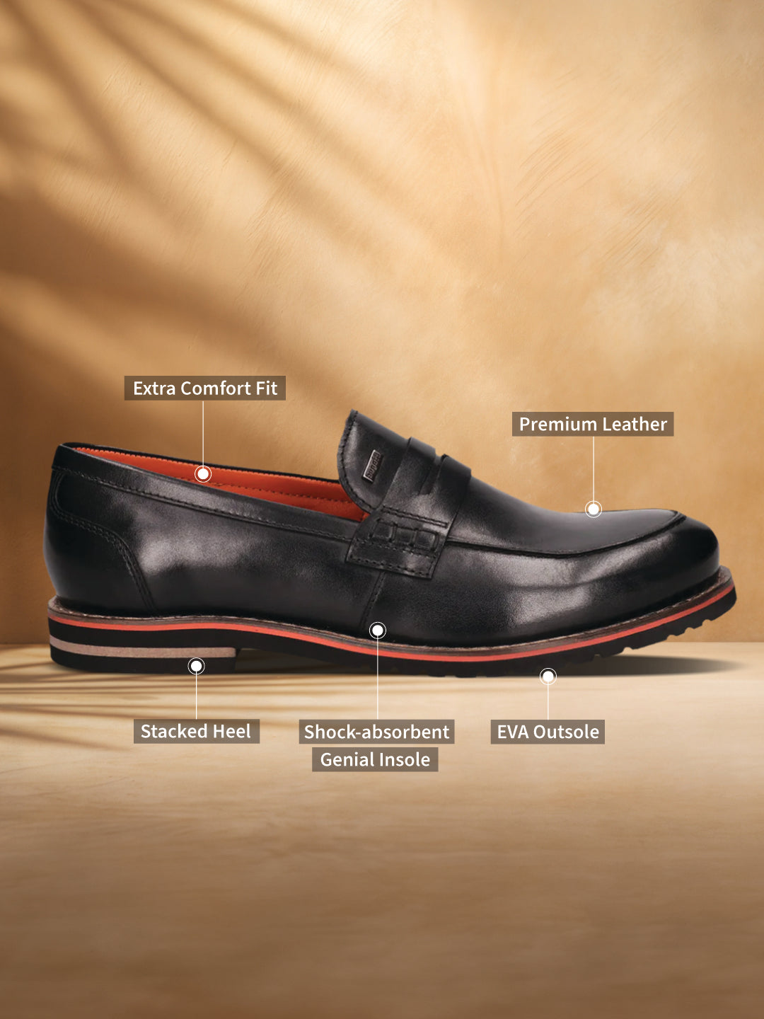 A black Men's bugatti Penny Loafer featuring a round apron toe, stacked heel, and a extra wide fit. Made from premium genuine leather with a durable eva outsole, this slip-on design offers both style and comfort.