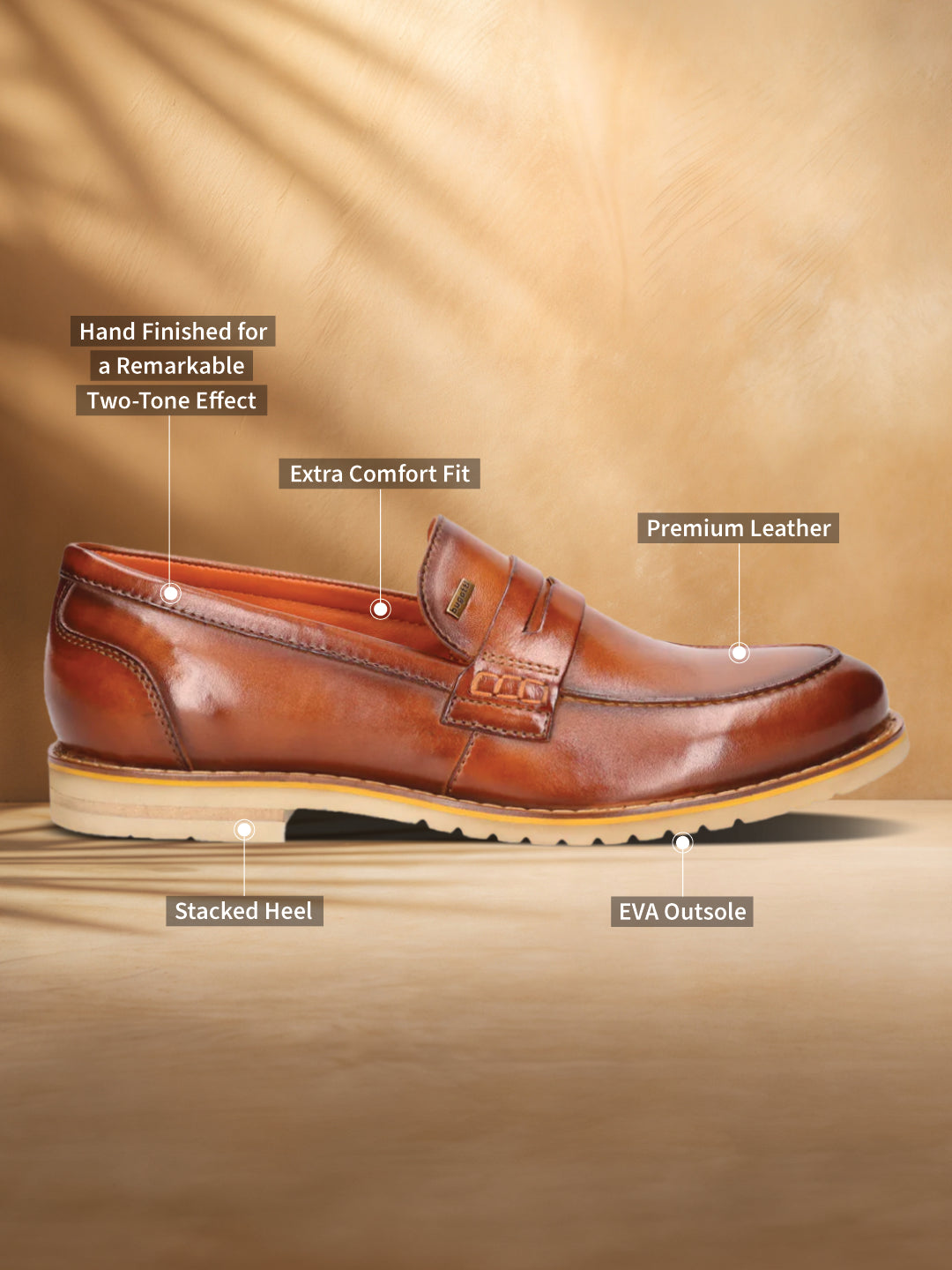 A cognac Men's bugatti Penny Loafer featuring a round apron toe, stacked heel, and a extra wide fit. Made from premium genuine leather with a durable eva outsole, this slip-on design offers both style and comfort.