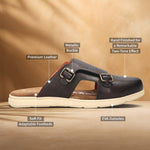 A brown Men's bugatti Mules featuring a round plain toe, zero heels heel. Made from premium genuine leather with a durable eva outsole, this slip-on design offers both style and comfort.