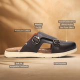 A brown Men's bugatti Mules featuring a round plain toe, zero heels heel. Made from premium genuine leather with a durable eva outsole, this slip-on design offers both style and comfort.