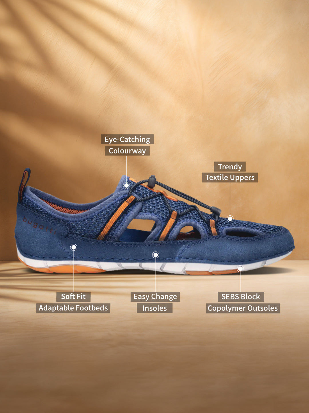 Blue and orange comfort sneaker by bugatti with trendy textile uppers and SEBS block copolymer outsoles.