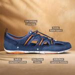 Blue and orange comfort sneaker by bugatti with trendy textile uppers and SEBS block copolymer outsoles.